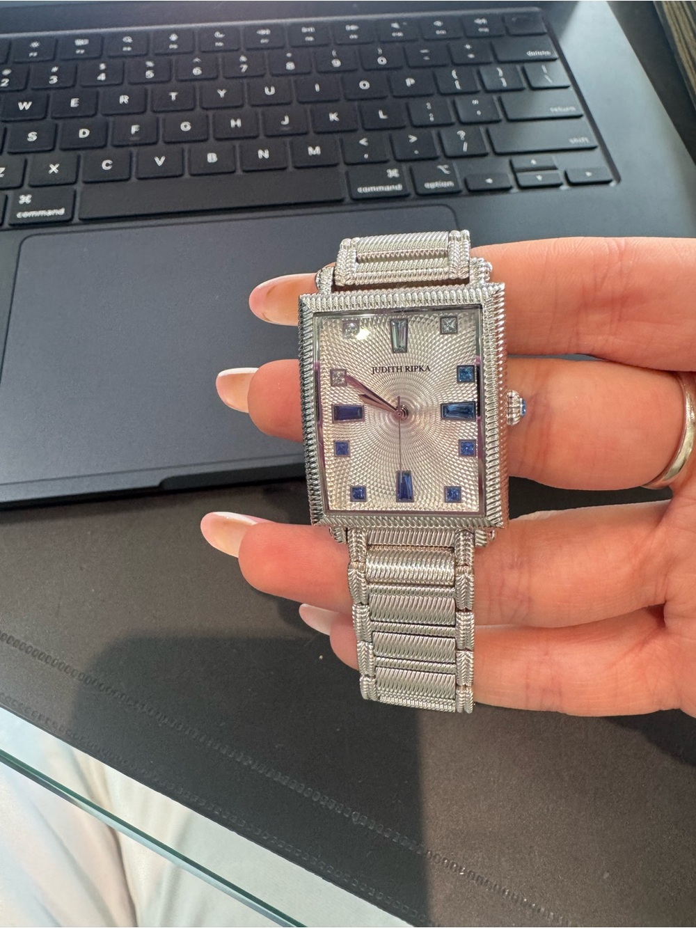 Judith Ripka Silver-Tone Charley Rectangular Tank Watch w/ Blue Stone Markers